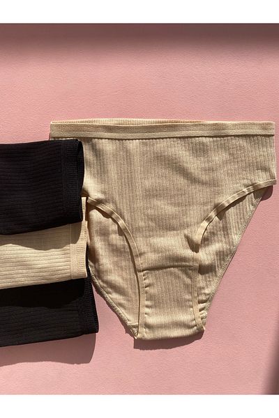 LEYNA BUTİK Corded Cotton Lycra 4-Piece Women's Triangle Bato Panties (Skin-Black)