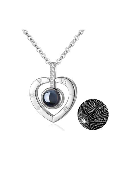 Herşey Nota 100 Dilde Seni Seviyorum Gümüş Renkli Roma Rakamlı Kalp Projeksiyon Kolye