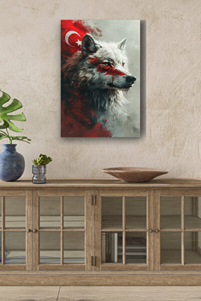 InkSyncStudios Türk Bayrağı Detaylı Keskin Bakışlı Beyaz Kurt Kanvas Tablo