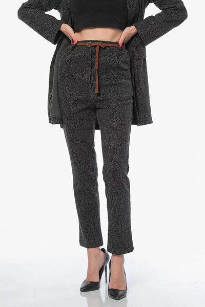 GÜLSELİ Khaki Women's High Waist Self Patterned Belted Winter Trousers