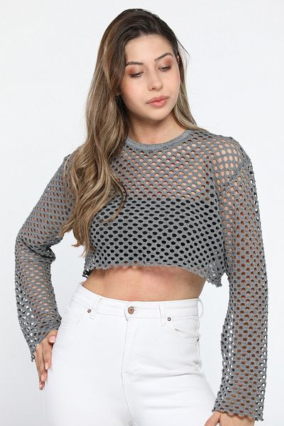 GÜLSELİ Anthracite Crew Neck Openwork Crop Top Mesh Blouse
