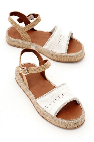 Tonny Black Women's White Single Strap Ankle Strap Straw Knitwear Sandals