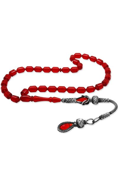 Tesbihane 1000 Sterling Silver Kazaz Tasseled Tip Capsule Cut Flag Red Fire Amber Prayer Beads
