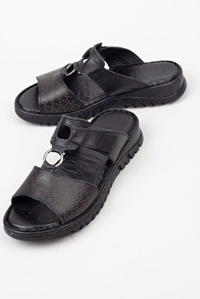 Adım Adım Γυναικείες ορθοπεδικές μαύρες παντόφλες από γνήσιο δέρμα