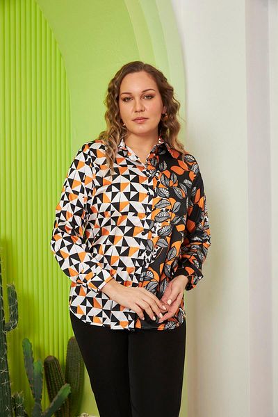 RMG Plus Size Black Satin Shirt - Floral and Geometric Pattern