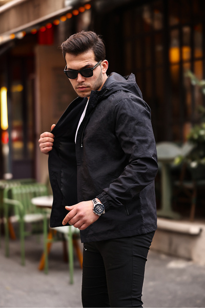 Rompasso Black Men's Crinkle/crinkle Waterproof Inner Pocket Hood Summer Spring Seasonal Jacket Windbreaker
