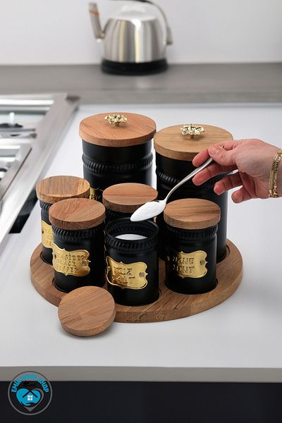 emir home shop Set of 7 Metal Luxury Spice Rack Spice Set with Wooden Lid and Stand