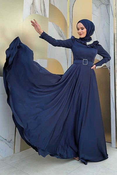 Bym Fashion Satin Evening Dress - Ruffle, Stone Detailed Belt, Navy Blue 1155
