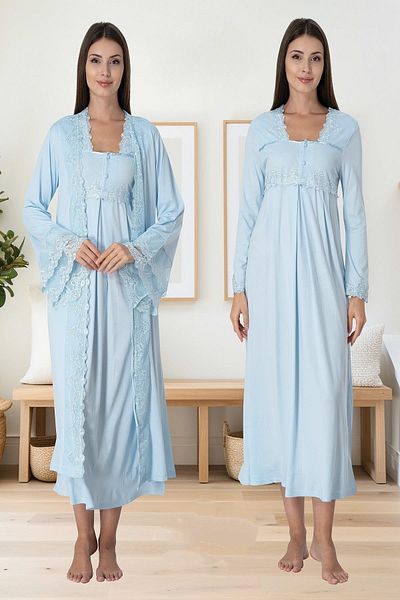 CT MODA Set de rochii și cămăși de noapte din bumbac cu mâneci lungi din dantelă albastră