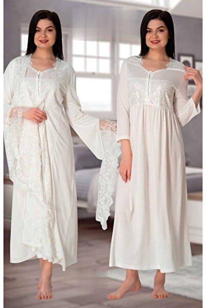 CT MODA طقم ثوب نوم نسائي من القطن بأكمام الأميرة من الدانتيل بتصميم إكرو