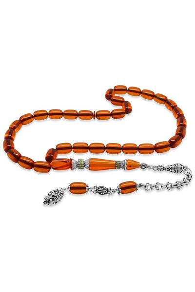Tesbihane Orange Crimped Amber Prayer Beads - Non-Tarnish Metal, Bozkurt Tasseled, Alpaca Nakkaş İmameli, Capsule Cut