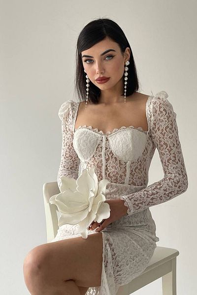 lovebox Dámské krajkové látkové rukávy Transparentní Guipure Design Detailní rozparek Bílé Midi večerní šaty 249