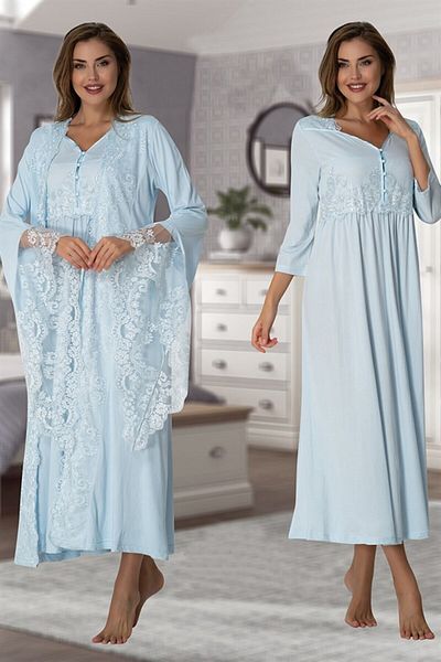 CT MODA Set rochie și cămașă de noapte pentru maternitate și maternitate cu mâneci prințesă albastră