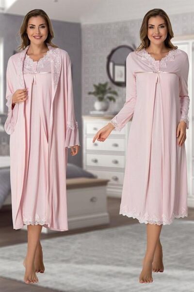 CT MODA طقم الأمومة ذو الياقة الدانتيل الوردي - ثوب النوم وثوب الصباح