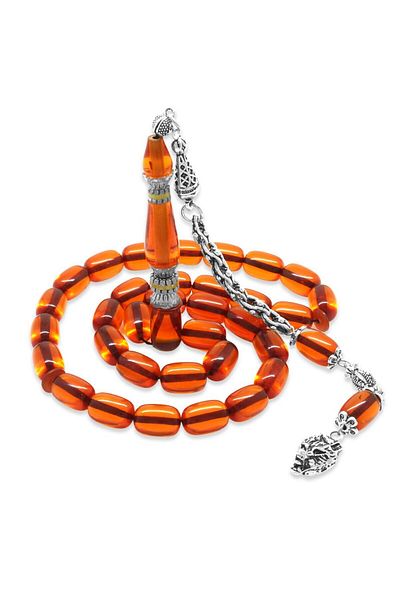 Tesbihane Orange Crimped Amber Prayer Beads - Non-Tarnish Metal, Bozkurt Tasseled, Alpaca Nakkaş İmameli, Capsule Cut