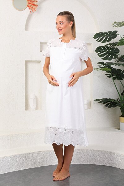 CT MODA Ecru Patterned Linen and Cotton Maternity Maternity Dressing Gown and Apparel Set
