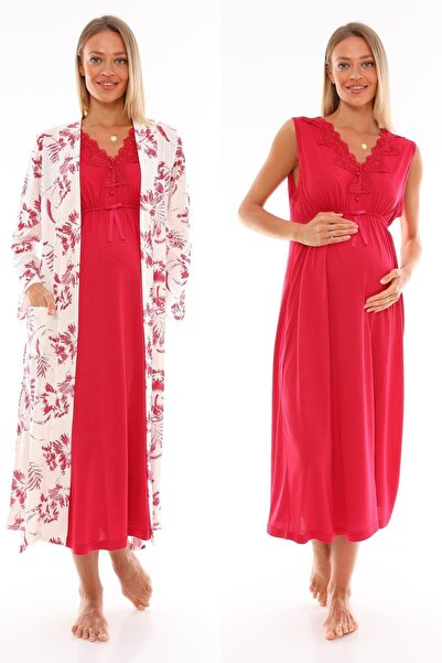 CT MODA طقم ثوب نوم نسائي من الدانتيل باللون الفوشيا - طقم ثوب صباحي مريح مكو...