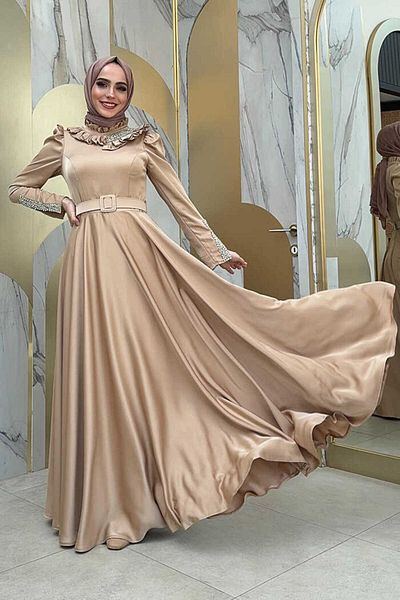 Bym Fashion Σατέν Βραδινό Φόρεμα - Βολάν και Λεπτομέρεια Πέτρα, Αξεσουάρ Ζώνης 1155 Πέτρα