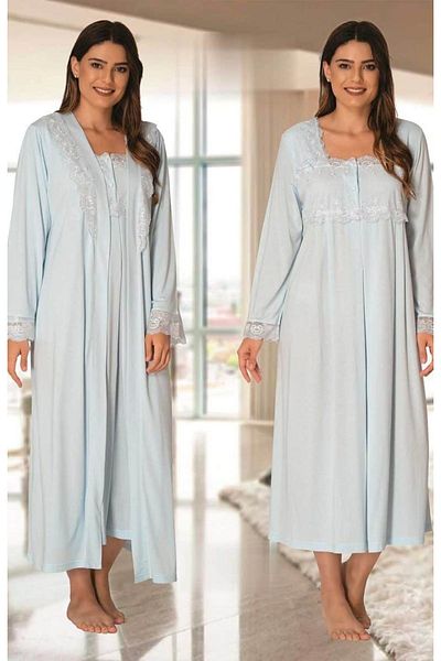 CT MODA Set de pijamale de damă din dantelă albastră - Set de halate cu mâneci lungi, bumbac, pentru gravide și pentru maternitate