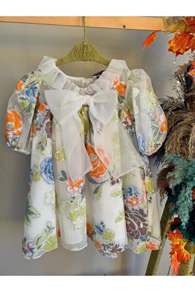 Gogakidz Beyaz Renk Bahar Temalı Parlak Çiçekli Kız Çocuk Elbise