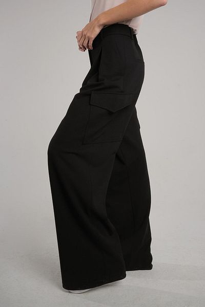 Monolou Loose Cut Cargo Pants with Pleated Front and Side Pockets Black