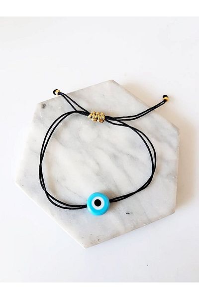 Atelier Çağla Black String Bracelet with Blue Glass Evil Eye Beads