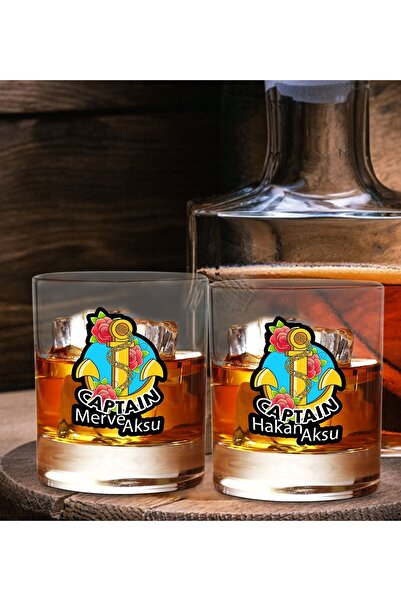 Bk Gift Kişiye Özel İsimli DTF Kaptan Tasarımlı İkili Viski Kadeh Seti-2, Ark...