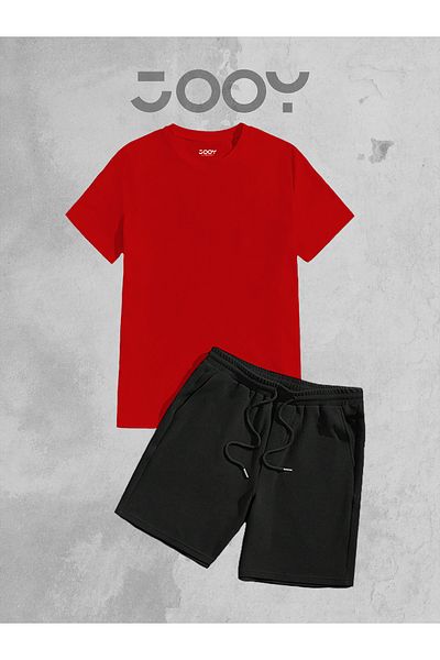 Jooy Company 2-Piece Plain Unprinted Oversize Red T-shirt - Black Combed Cotton Shorts Set
