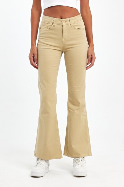 EXPLODE - Kadın Bej Likralı 5 Cep Flare Pantolon
