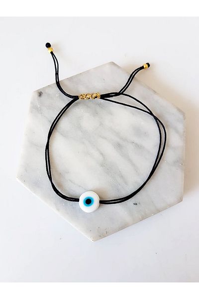 Atelier Çağla Black String Bracelet with White Glass Evil Eye Beads