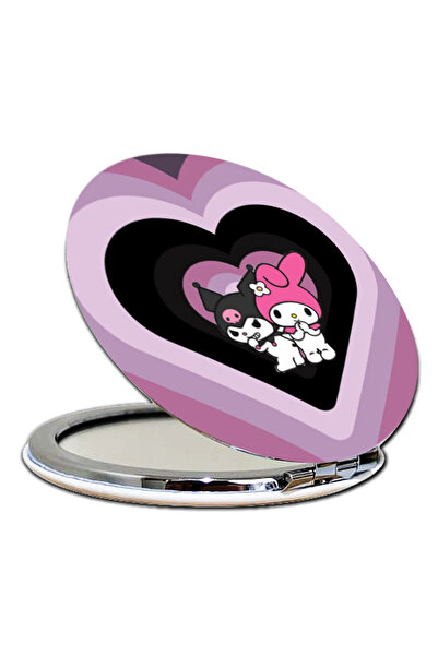 İŞTE BU Kuromi Baskılı Yuvarlak Ayna Cep Aynası 7x7 cm (Kapaklı Ve Büyüteçli)