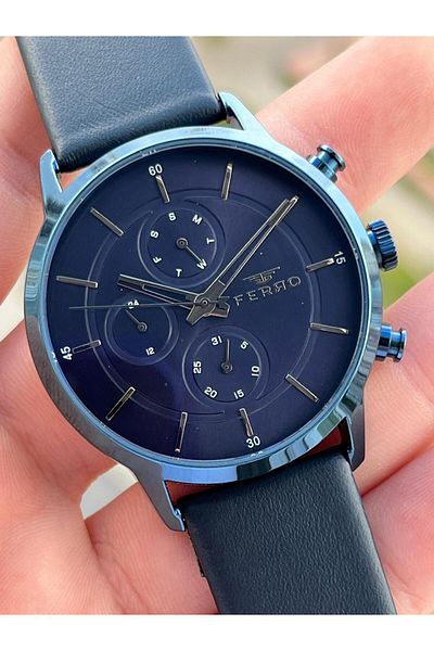 FERRO Calendar Navy Blue-Rose Color Leather Cord 3 Atm Men's Wristwatch EF.11368-R3