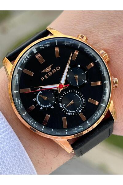FERRO Takvimli+İç Fonksiyonları Aktif Siyah Renk Deri Kordon 3 Atm Erkek Kol ...