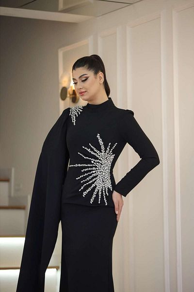 Halezademoda Crepe Shoulder and Waist Stone Embroidered Evening Dress Sun