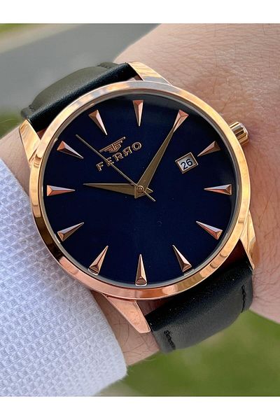 FERRO Calendar Navy Blue-Rose Color Leather Cord 3 Atm Men's Wristwatch EF.11086-H