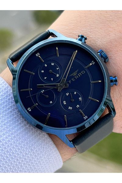 FERRO Calendar Navy Blue-Rose Color Leather Cord 3 Atm Men's Wristwatch EF.11368-R3