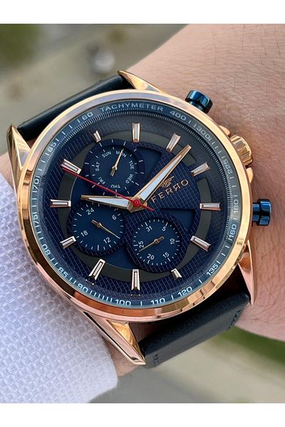 FERRO With Calendar+Inside Functions Active Navy-Rose Color Leather Cord 3 Atm Men's Wristwatch EFM1803-B