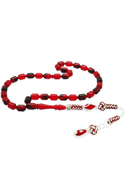 Tesbihane Copper Kazaz Tasseled Tip Capsule Cut Red-Black Fire Amber Prayer Beads