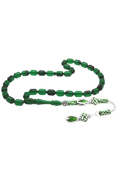 Tesbihane Copper Kazaz Tassel Tip Capsule Cut Transparent Green-Black Fire Amber Prayer Beads