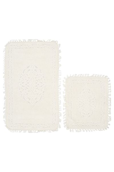 Alanur Home Ottoman Cotton Fringed 2-Piece Mat Cream