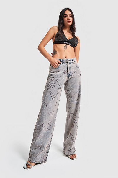 its basic Women's Tint Jeans Loose Fit Denim with Shiny Stones on the Front