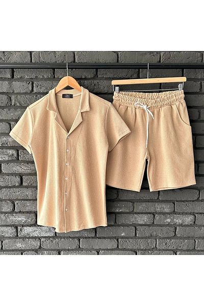 tetramoda BeigeWaffleFabric - Short Sleeve Shirt and Shorts Set