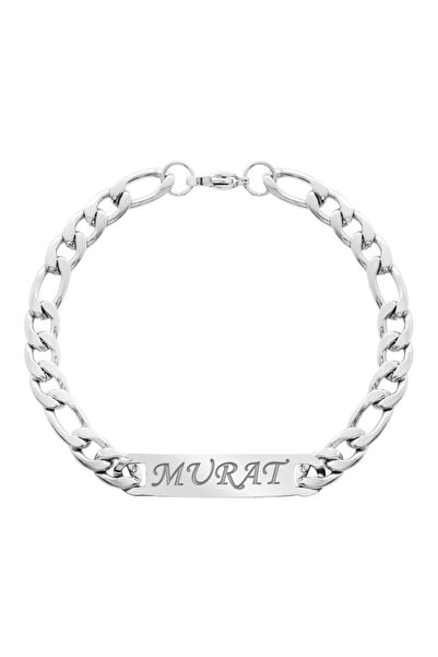 Tesbihane Silver Renk Gurmet Zincirli Kişiye Özel İsim/Harf Yazılı Erkek Çelik Bileklik