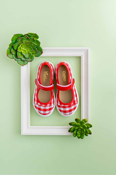 Bebbini Berry-Red Linen Checkered Girl's Ballerinas