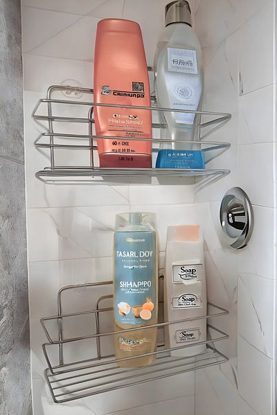 Kitchen Store 2-Piece Adhesive Bathroom Organizer Shampoo Holder Shower Shelf Matte Chrome Single Storey Organizer