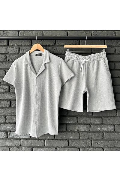 tetramoda Gray Waffle Fabric Short Sleeve Shirt and Shorts Set