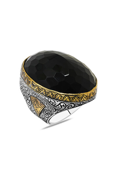 Tesbihane Faset Siyah Zirkon Taşlı Tuğra Detaylı Koleksiyonluk 925 Ayar Gümüş Erkek Yüzük