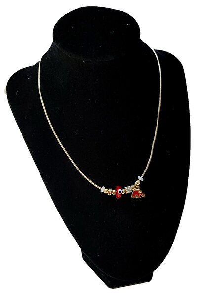 NOVELLA AKSESUAR Altın Renk Kırmızı Mineli Fil Model Zirkon Kolye - 2760