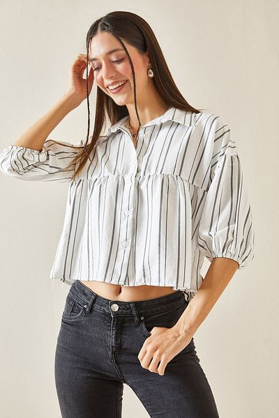 XHAN Cămașă crop cu mânecă balon cu dungi albe 5YXK2-48403-01