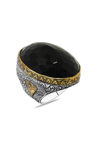 Tesbihane Faset Siyah Zirkon Taşlı Tuğra Detaylı Koleksiyonluk 925 Ayar Gümüş Erkek Yüzük